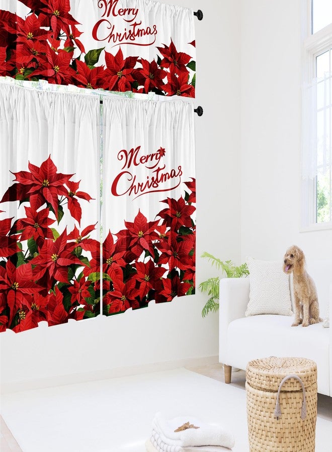 SUNWISHA Christmas Poinsettia Curtain Valances Set Upper Curtain 52'' Lx18'' W & Lower 36'' L x 26'' W x2 Merry Christmas Romantic Flowers - Kitchen/Bedroom Decor Red - Image 3